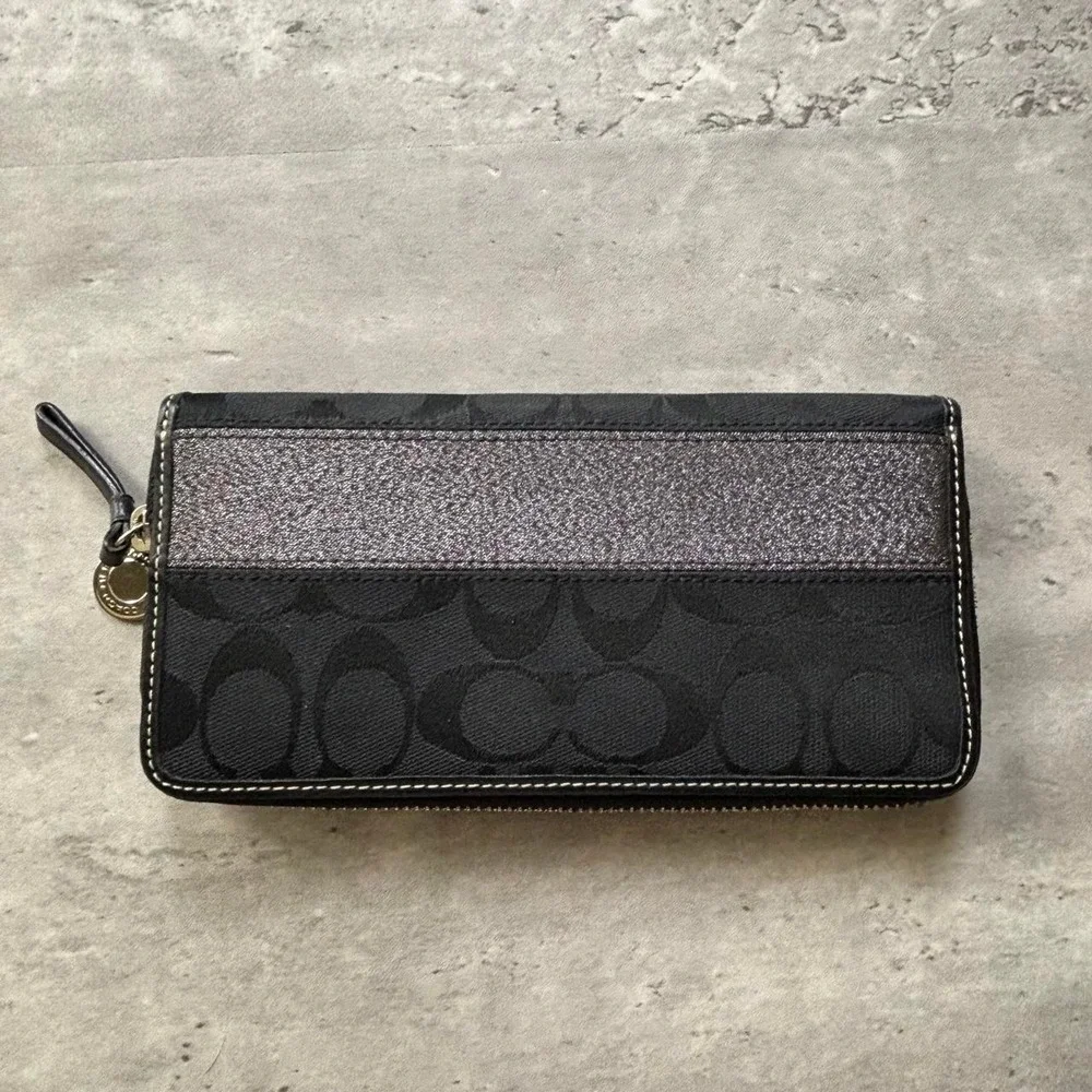 Coach Zip Around Wallet Women OS Black Anniversary Striped Signature Canvas